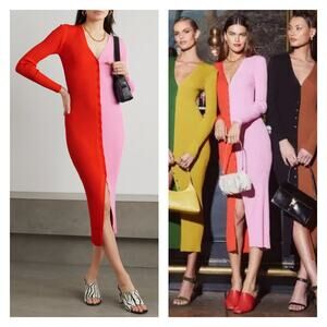 STAUD Shoko Colorblock Ribbed Sweater Dress In Poppy Rosebud Size M